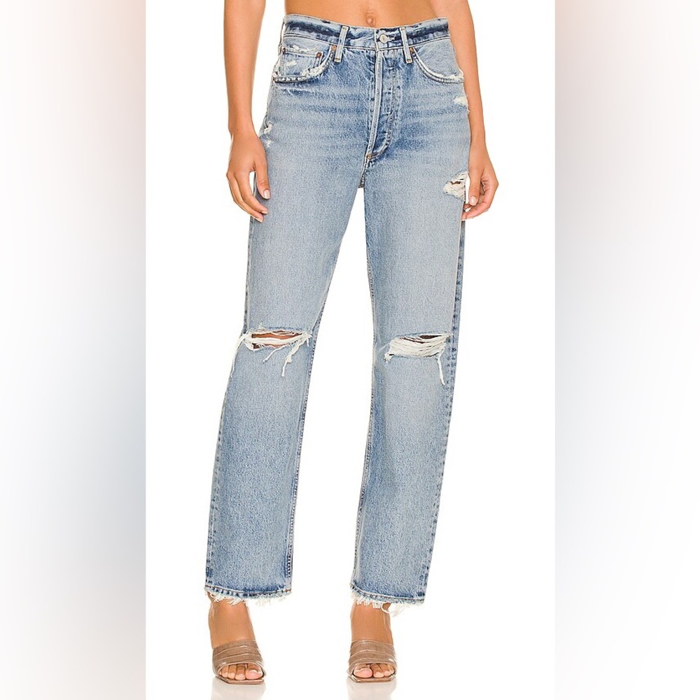 Agolde Light Blue Distressed Straight Leg Jeans